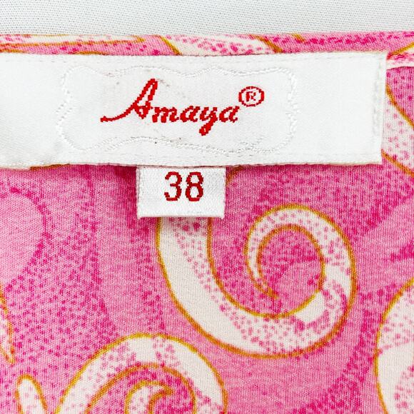 Amaya Pink Silk Tunic Size 38/M Floral Embroidered Neckline Cuffs Scroll - Picture 8 of 12